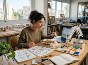 סטודנטית ישראלית צעירה יושבת ליד שולחן מחקר מואר באור חלון רך, בוחנת מודל אדריכלי קטן ורישומי צבע מופשטים, ולצדה זרוע רובוטית עדינה מסדרת קוביות וחומרים יצירתיים; סצנה מצולמת באיכות צילום מציאותית, עומק שדה קולנועי, אווירה של סקרנות ושיתוף פעולה בין אדם לטכנולוגיה, ללא טקסט, high definition.
