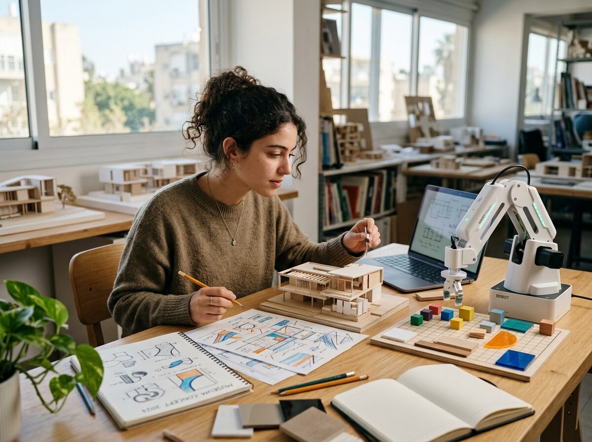סטודנטית ישראלית צעירה יושבת ליד שולחן מחקר מואר באור חלון רך, בוחנת מודל אדריכלי קטן ורישומי צבע מופשטים, ולצדה זרוע רובוטית עדינה מסדרת קוביות וחומרים יצירתיים; סצנה מצולמת באיכות צילום מציאותית, עומק שדה קולנועי, אווירה של סקרנות ושיתוף פעולה בין אדם לטכנולוגיה, ללא טקסט, high definition.